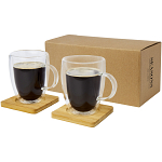 Manti 2-piece 350 ml double-wall glass cup with bamboo coaster  1