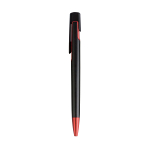 Plastic snap pen with black barrel and metallic tip and detail 2