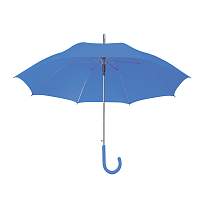 Solid-colour automatic umbrella with steel shaft and ferrule, curved plastic handle