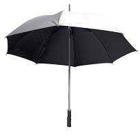 Automatic golf umbrella with metal shaft and ferrule, straight rubberised handle