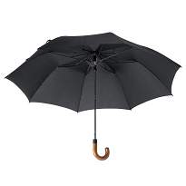 Automatic umbrella with curved wood handle and matching pouch