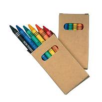 6 wax crayons with cylindrical cross-sections, cardboard box