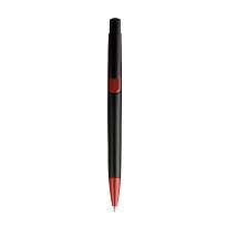 Plastic snap pen with black barrel and metallic tip and detail