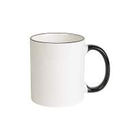 White grade a ceramic mug with coloured handle and edge, for dishwashers