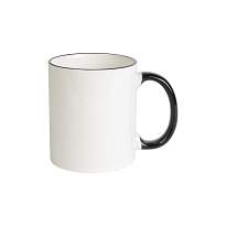 White grade a ceramic mug with coloured handle and edge, for dishwashers