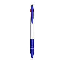 Plastic snap pen with 3 refills in blue, black and red, and touchscreen rubber tip