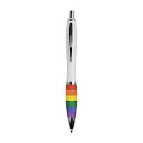 Abs plastic snap pen with white barrel, rainbow coloured grip and metal clip