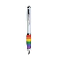 Plastic twist pen with white barrel, rainbow rubberized grip and touchscreen