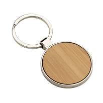 Round metal key ring with bamboo front plate detail