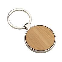 Round metal key ring with bamboo front plate detail