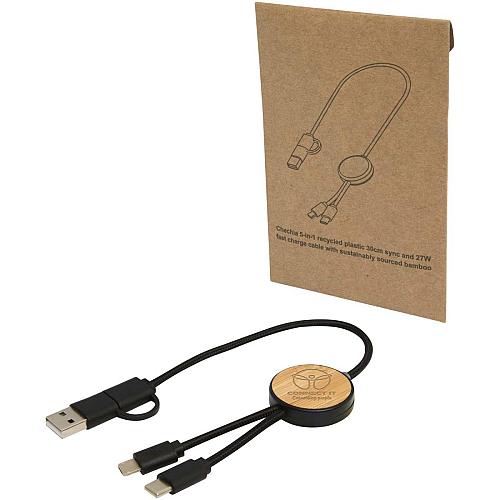 Chechia cablu de incarcare rapida si sincronizare date 5-in-1 din plastic reciclat, 27W, detalii din bambus, 30 cm 2