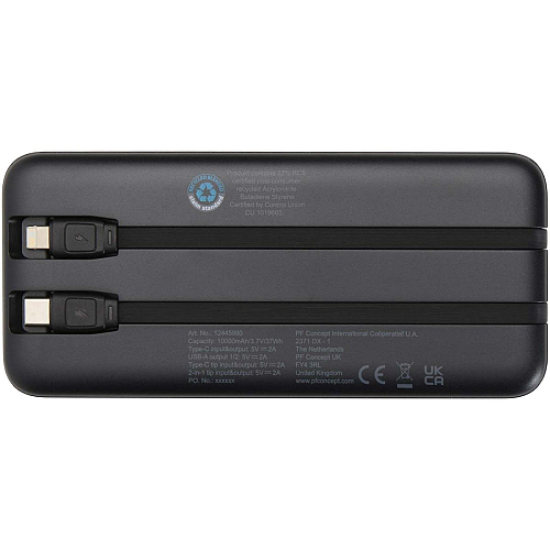 Adhil 10.000 mAh 10W recycled plastic power bank with 2 built-in cables 3