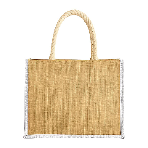 Jute bag with long rope handles and coloured inserts. With gusset 2