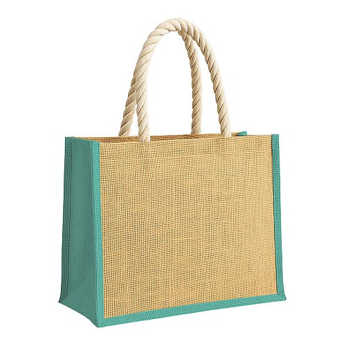 Jute bag with long rope handles and coloured inserts. With gusset 1