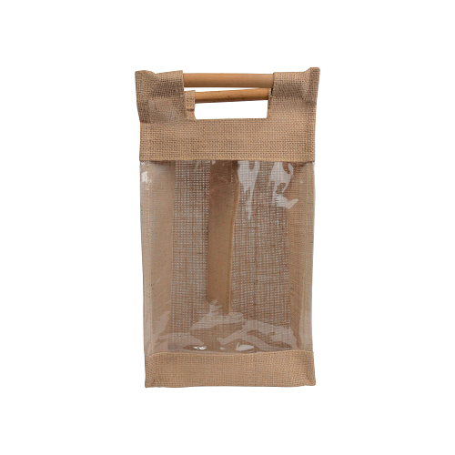 Jute bottle bag with transparent pvc window and bamboo handles (2 bottles) 2