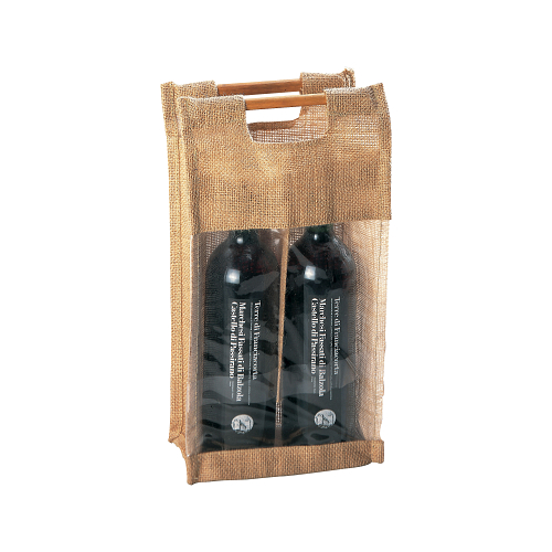 Jute bottle bag with transparent pvc window and bamboo handles (2 bottles) 1