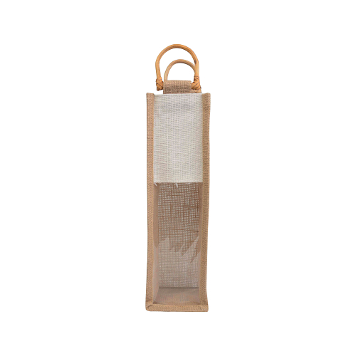 Jute bottle bag with transparent pvc window and bamboo handles (1 bottle) 2