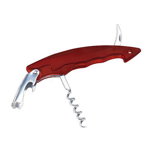 Bottle opener with corkscrew and foil cutter, transparent plastic with metal tools 2