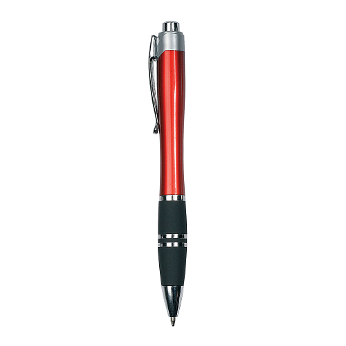 Plastic snap pen with coloured barrel, rubberised grip and metal clip. jumbo refill 2