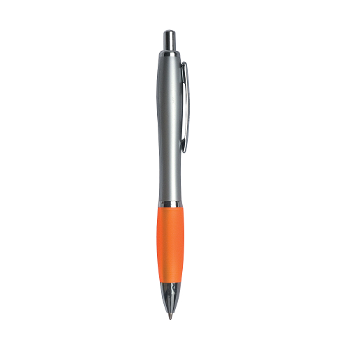 Plastic snap pen with silver barrel, rubberised coloured grip and metal clip, jumbo refill 2