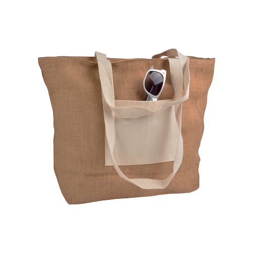 Jute shopping bag with bottom gusset  in natural cotton, zip closure 1