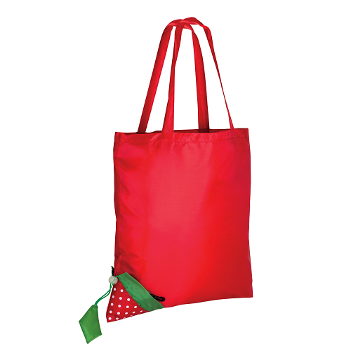 190t polyester, strawberry-shaped foldable shopping bag with customisable leaf 1