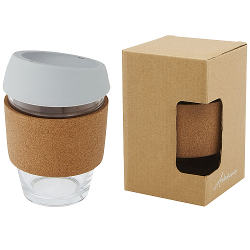 Lidan 360 ml borosilicate glass tumbler with cork grip and silicone lid 1