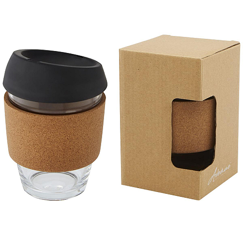 Lidan 360 ml borosilicate glass tumbler with cork grip and silicone lid 1