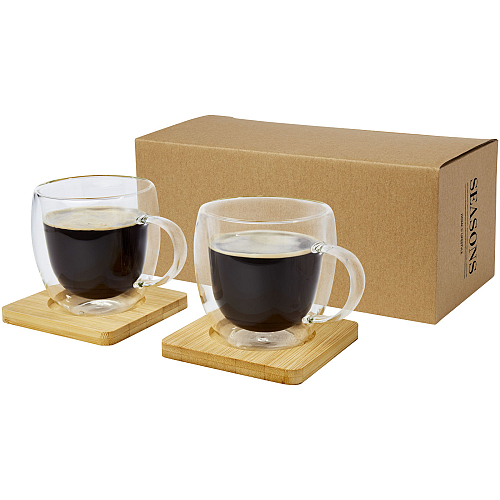 Manti 2-piece 250 ml double-wall glass cup with bamboo coaster  1