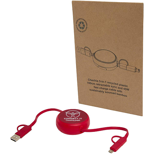 Alasia 5-in-1 100 cm recycled plastic and aluminium retractable data sync and 45W fast charge cable 2