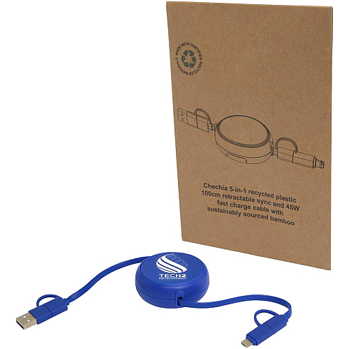 Alasia 5-in-1 100 cm recycled plastic and aluminium retractable data sync and 45W fast charge cable 2