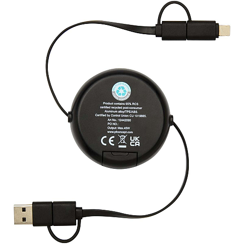 Alasia 5-in-1 100 cm recycled plastic and aluminium retractable data sync and 45W fast charge cable 4