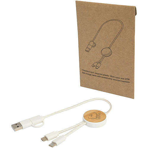 Chechia 5-in-1 recycled plastic 30 cm data sync and 27W fast charge cable with bamboo details 2