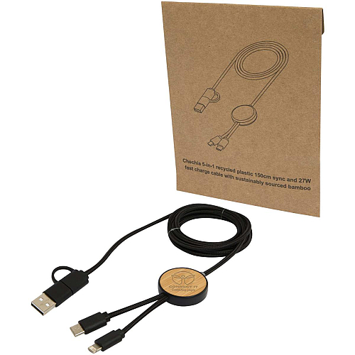 Chechia 5-in-1 recycled plastic 150 cm data sync and 27W fast charge cable with bamboo details 2