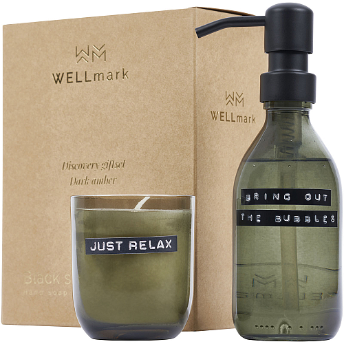 Wellmark Discovery 200 ml hand soap dispenser and 150 g scented candle set - dark amber fragrance 1