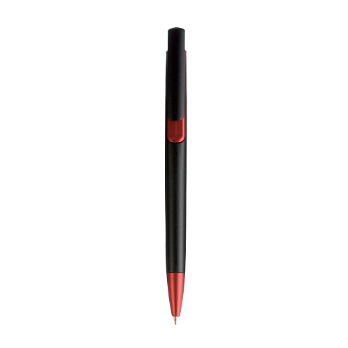 Plastic snap pen with black barrel and metallic tip and detail 1