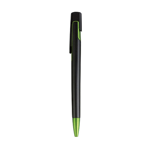 Plastic snap pen with black barrel and metallic tip and detail 2