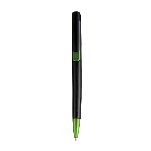 Plastic snap pen with black barrel and metallic tip and detail 1