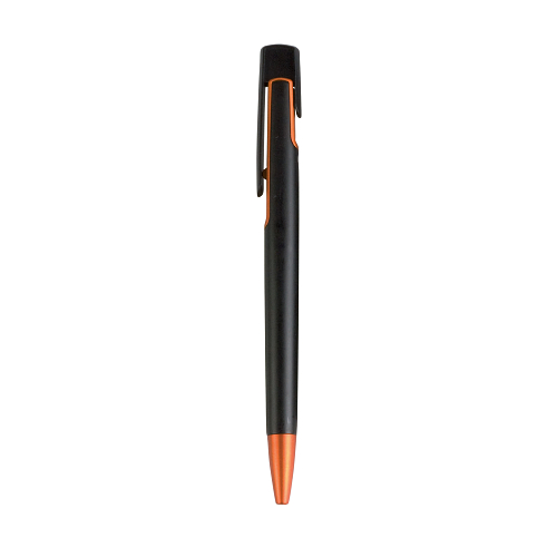 Plastic snap pen with black barrel and metallic tip and detail 2