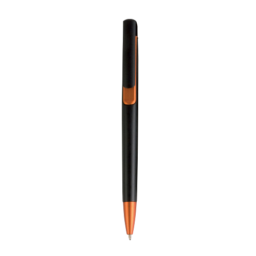 Plastic snap pen with black barrel and metallic tip and detail 1