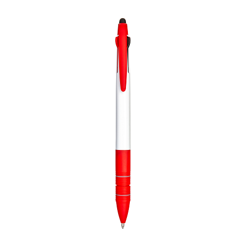 Plastic snap pen with 3 refills in blue, black and red, and touchscreen rubber tip 1