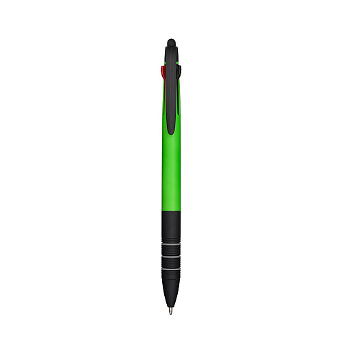 Plastic snap pen with 3 refills in blue, black and red, and touchscreen rubber tip 1