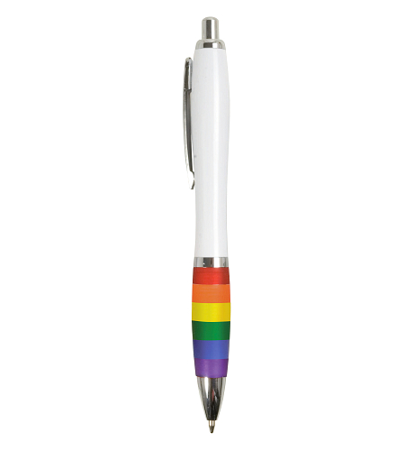 Abs plastic snap pen with white barrel, rainbow coloured grip and metal clip 2