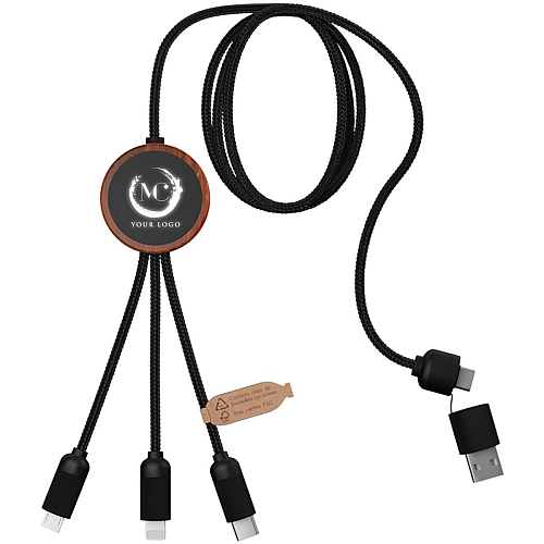 SCX.design C37 40W 5-in-1 rPET light-up logo charging cable with round wooden casing 2