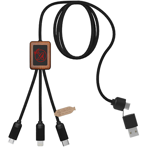 SCX.design C38 5-in-1 rPET light-up logo charging cable with squared wooden casing 1