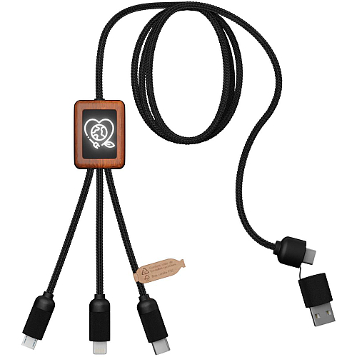 SCX.design C38 40W 5-in-1 rPET light-up logo charging cable with squared wooden casing 1